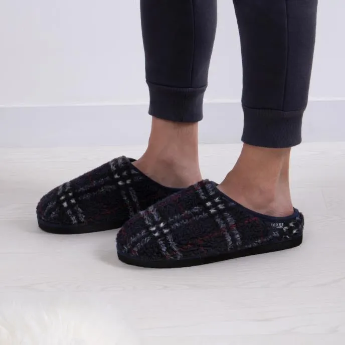 Totes Toasties BORG CHECK Mens Slippers Navy Check