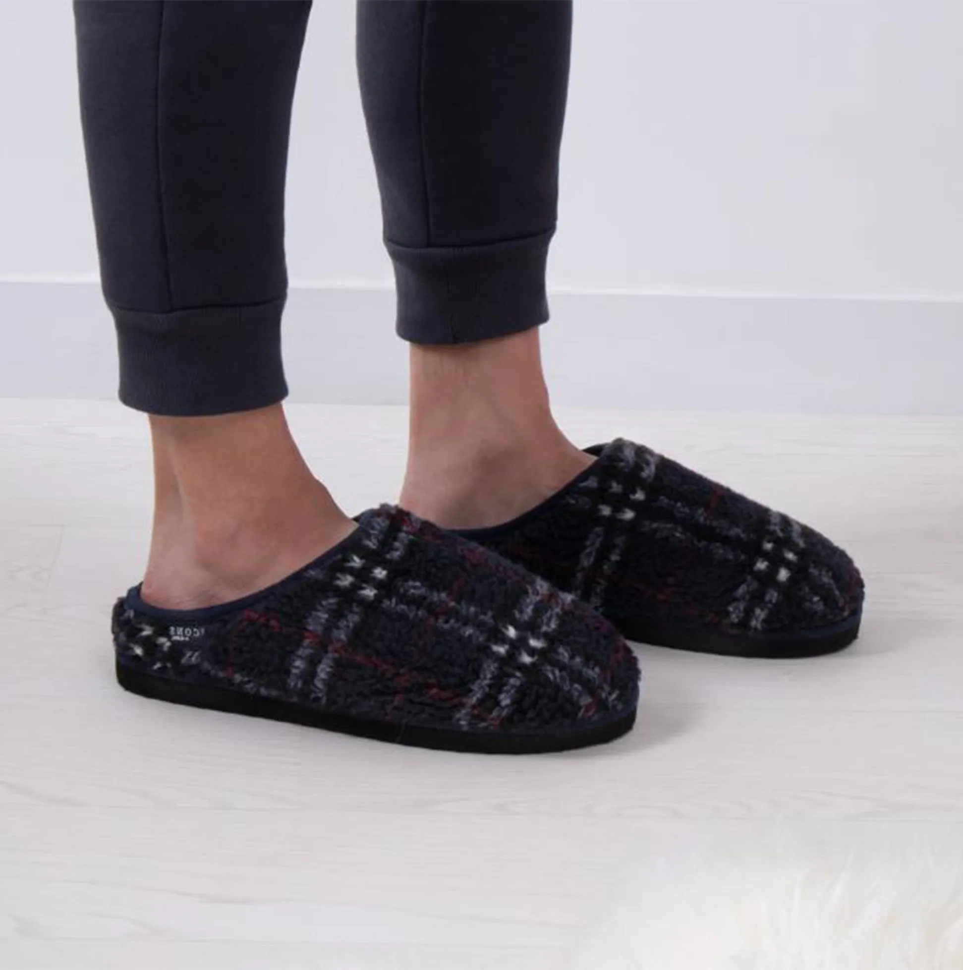 Totes Toasties BORG CHECK Mens Slippers Navy Check