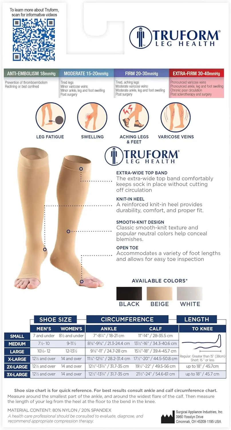 Truform 30-40 mmHg Compression Stockings for Men and Women, Knee High Length, Open Toe, Black, 3X-Large
