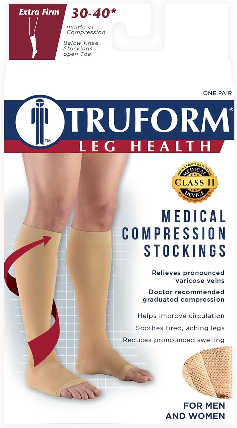 Truform 30-40 mmHg Compression Stockings for Men and Women, Knee High Length, Open Toe, Black, 3X-Large