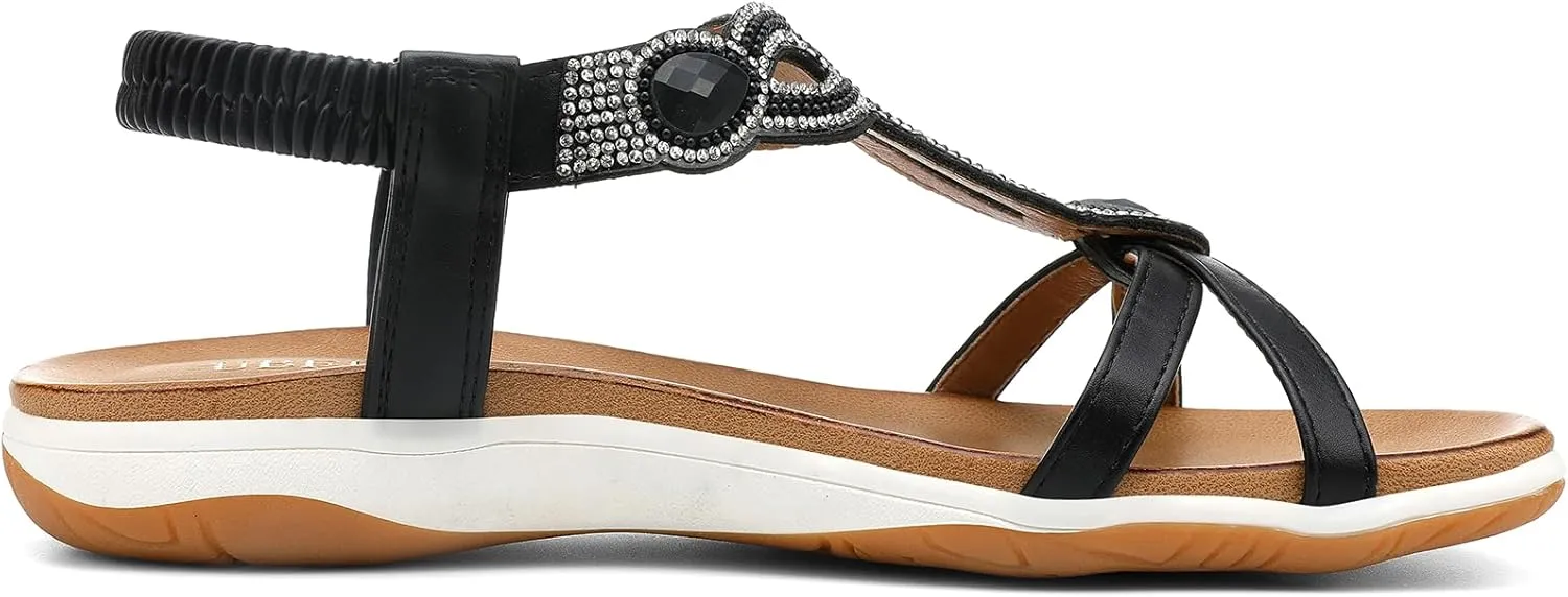 UBFEN Flat Sandals For Women Dressy Walking Comfortable Sandal With Rhinestone Braid Elastic Strap Summer Vacation