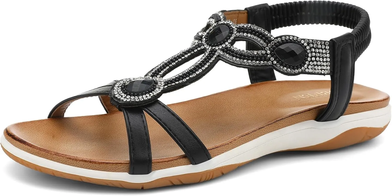 UBFEN Flat Sandals For Women Dressy Walking Comfortable Sandal With Rhinestone Braid Elastic Strap Summer Vacation