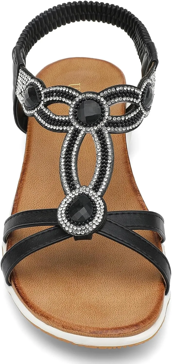 UBFEN Flat Sandals For Women Dressy Walking Comfortable Sandal With Rhinestone Braid Elastic Strap Summer Vacation