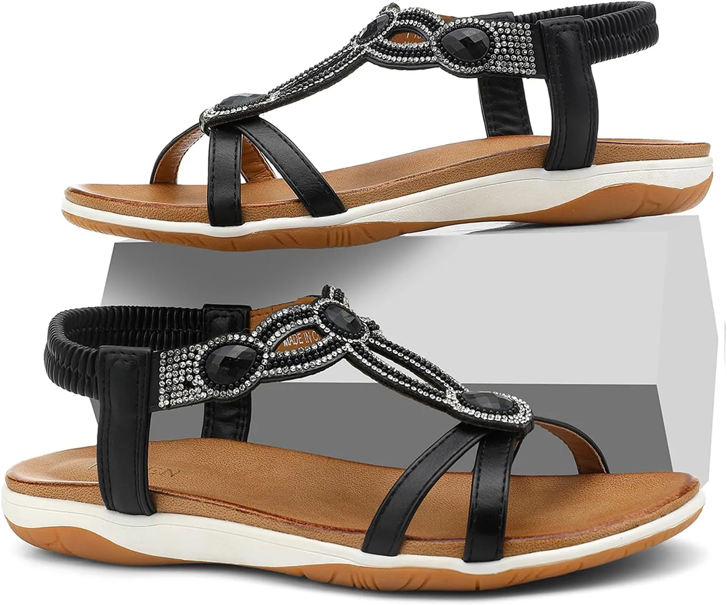 UBFEN Flat Sandals For Women Dressy Walking Comfortable Sandal With Rhinestone Braid Elastic Strap Summer Vacation