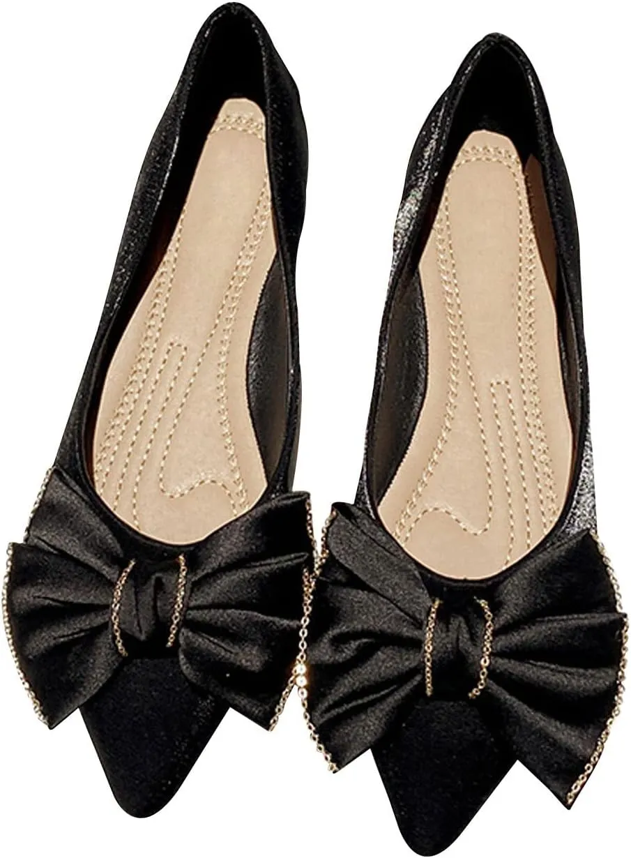WENJIAZHIZHI Womens Glittery Bow Ballet Flats Pointed Toe Loafers Flat Dress Shoes for Women Wedding Dressy Comfortable