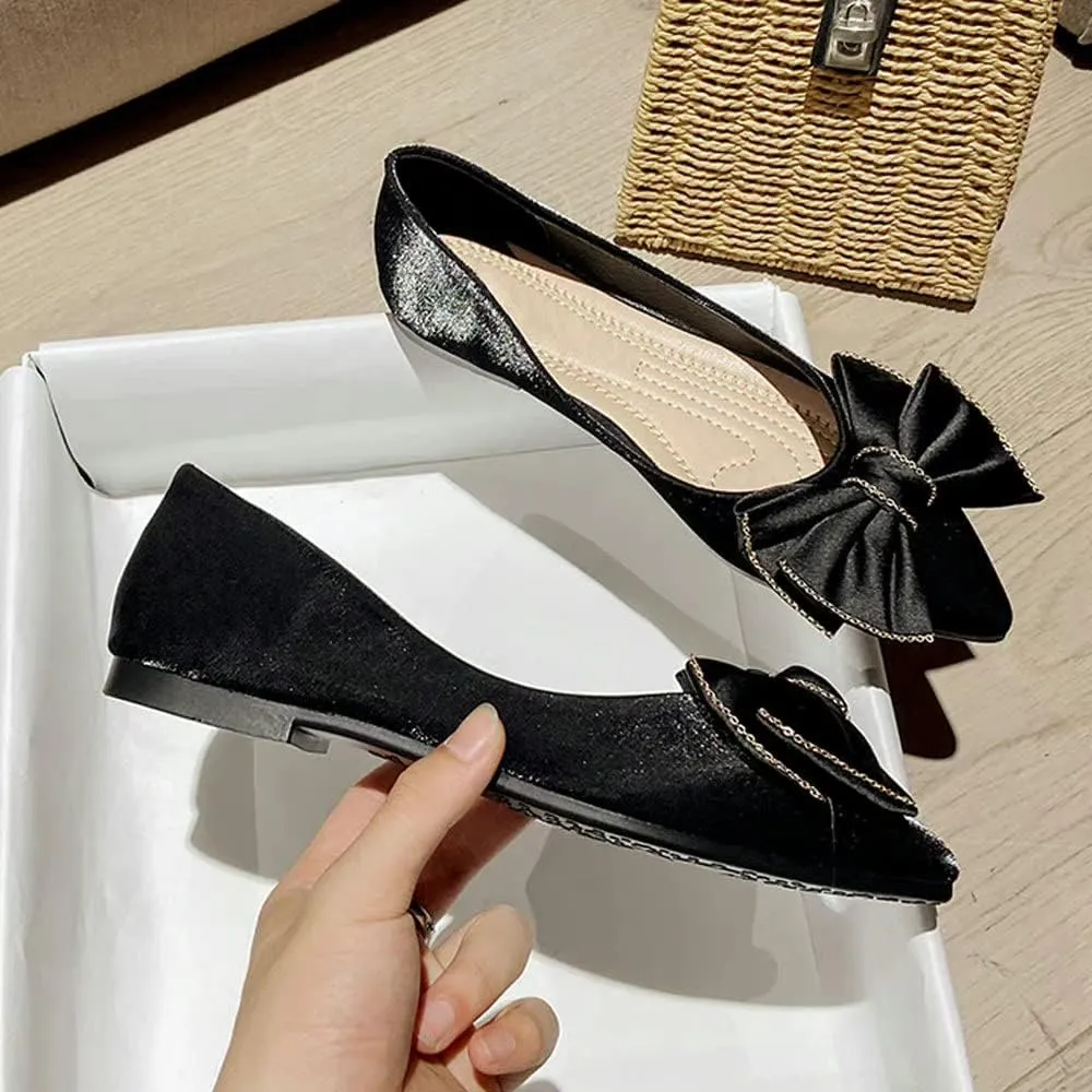 WENJIAZHIZHI Womens Glittery Bow Ballet Flats Pointed Toe Loafers Flat Dress Shoes for Women Wedding Dressy Comfortable