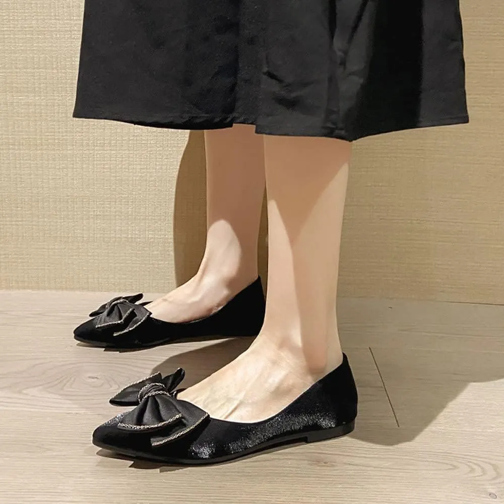 WENJIAZHIZHI Womens Glittery Bow Ballet Flats Pointed Toe Loafers Flat Dress Shoes for Women Wedding Dressy Comfortable