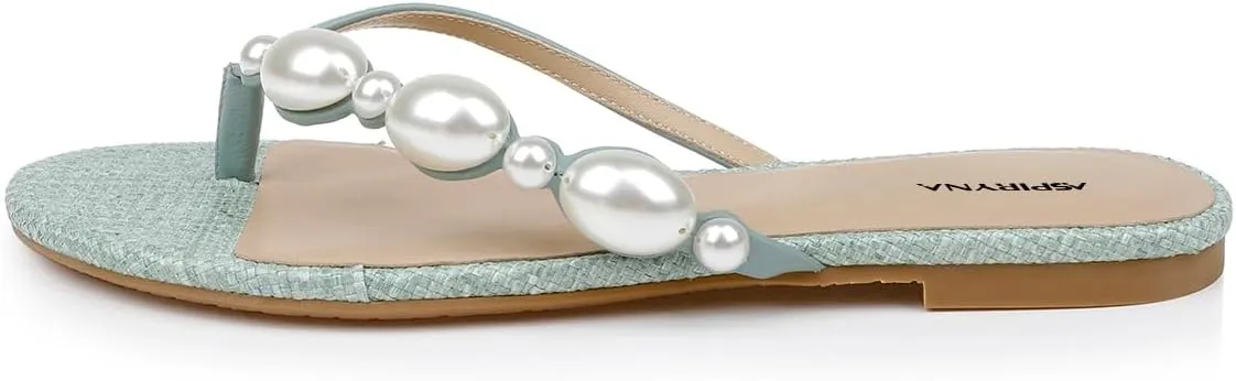 Women Pearls Split Toe Flip Flops Slip on Comfortable Flat Slippers Summer Beach Indoor Outdoor Fashion Slide Sandals Size 4-16 US