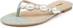 Women Pearls Split Toe Flip Flops Slip on Comfortable Flat Slippers Summer Beach Indoor Outdoor Fashion Slide Sandals Size 4-16 US