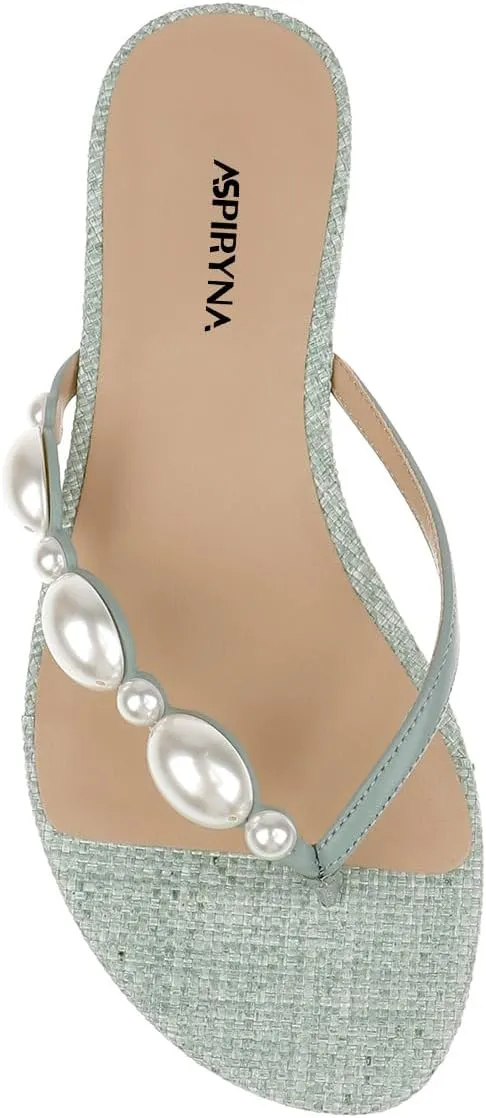 Women Pearls Split Toe Flip Flops Slip on Comfortable Flat Slippers Summer Beach Indoor Outdoor Fashion Slide Sandals Size 4-16 US