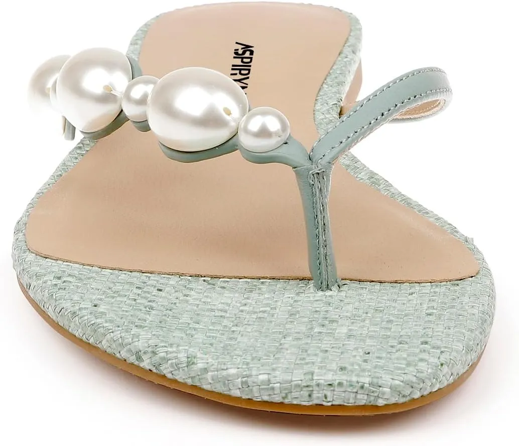 Women Pearls Split Toe Flip Flops Slip on Comfortable Flat Slippers Summer Beach Indoor Outdoor Fashion Slide Sandals Size 4-16 US