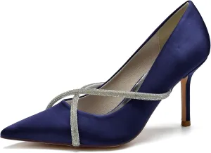 Women Pointed Toe Pumps Shoes Heel Wedding Bridal Shoes Crisscross Dress Party Rhinestone Shoes