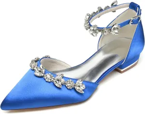 Women Satin Wedding Shoes for Bride Flats Pointed Toe Crystals Party Dress Bridesmaid Shoes