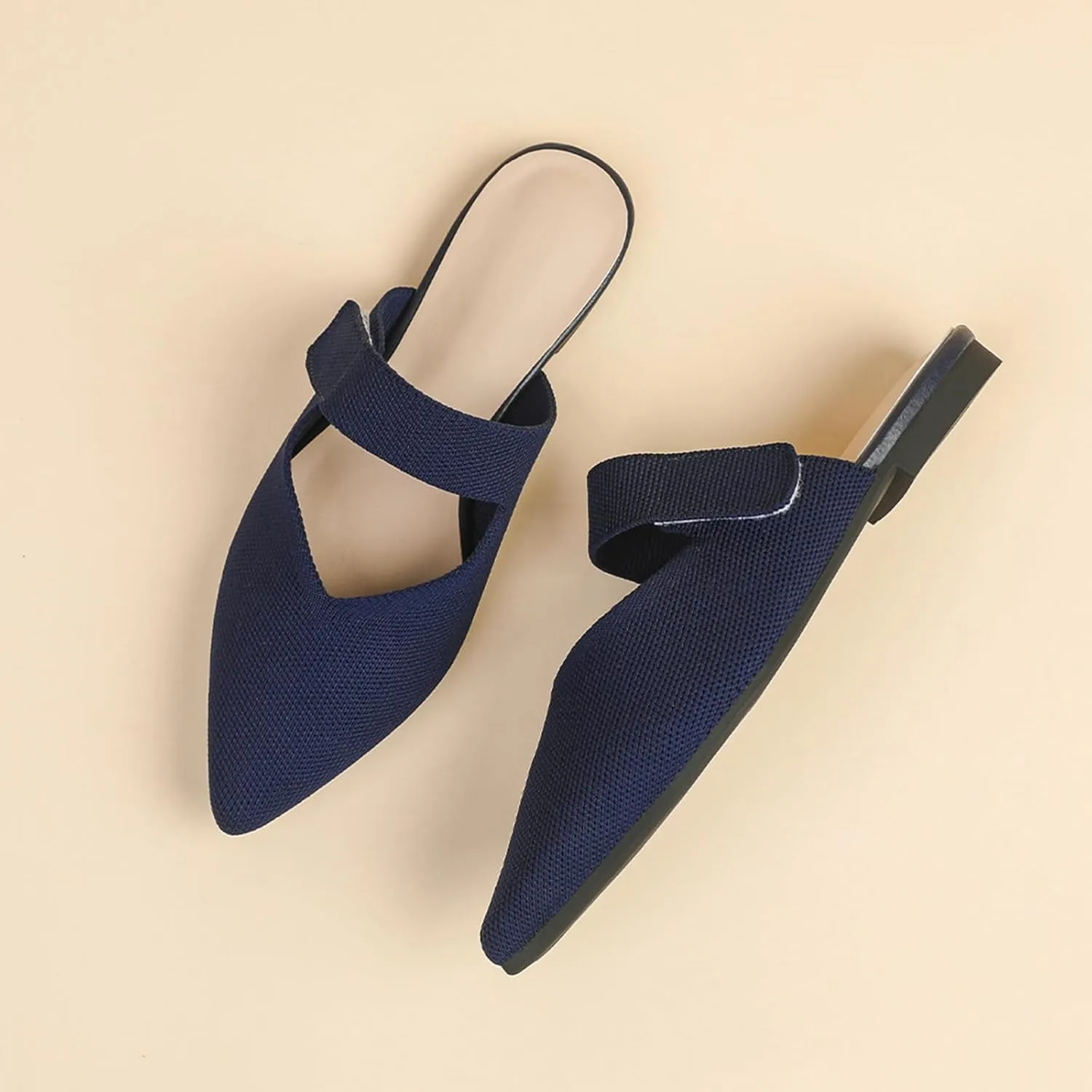 Women's Closed Pointed Toe Knitted Flat Mules Adjustable Hook and Loop Closure Slip On Backless Mule Slides Comfortable Casual Soft Sole Loafers