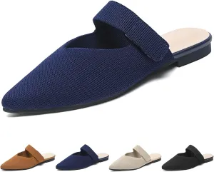 Women's Closed Pointed Toe Knitted Flat Mules Adjustable Hook and Loop Closure Slip On Backless Mule Slides Comfortable Casual Soft Sole Loafers