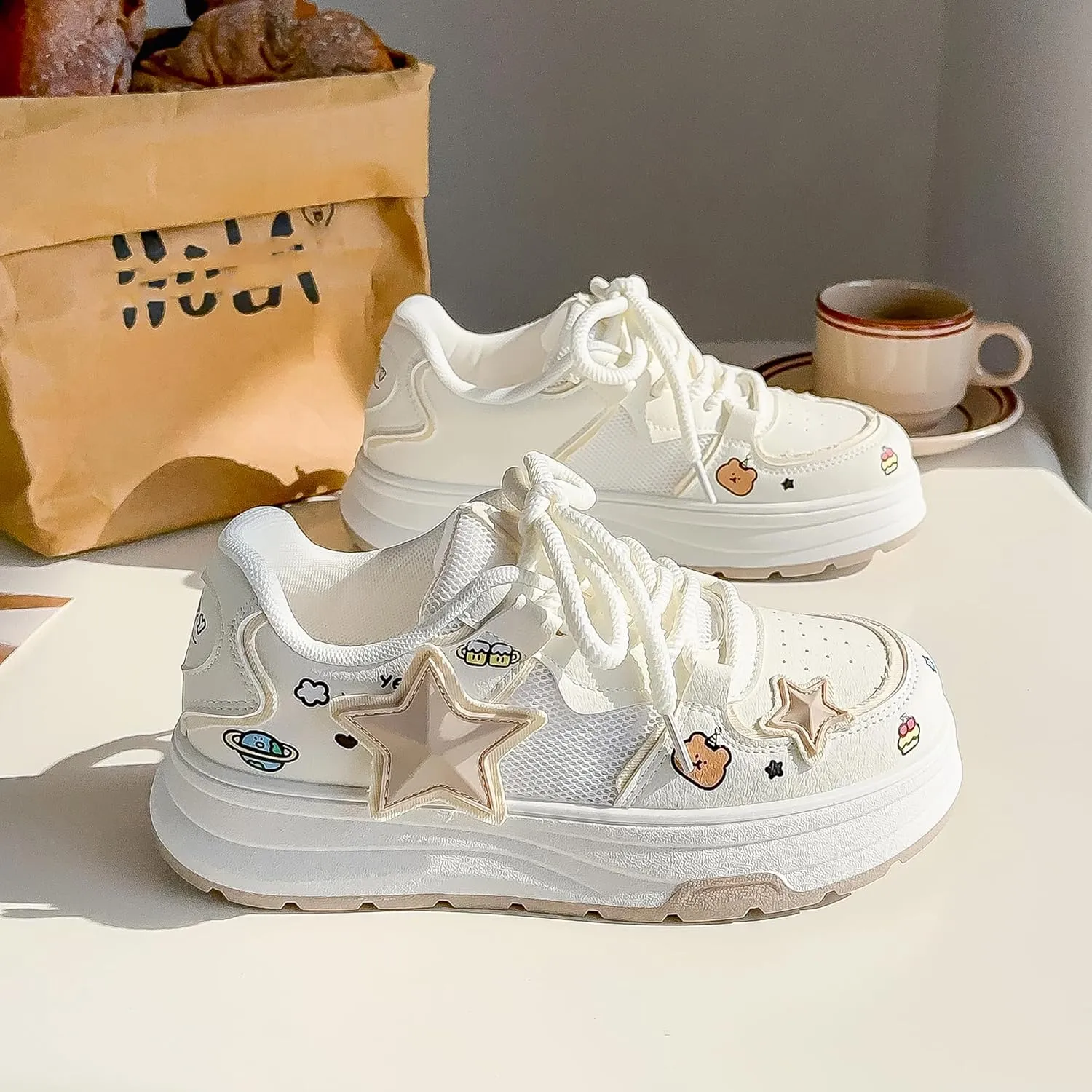 Women's Fashion Platform Sneakers Y2K Star Shoes Breathable Mesh Pink Sneakers Cute Walking Shoes