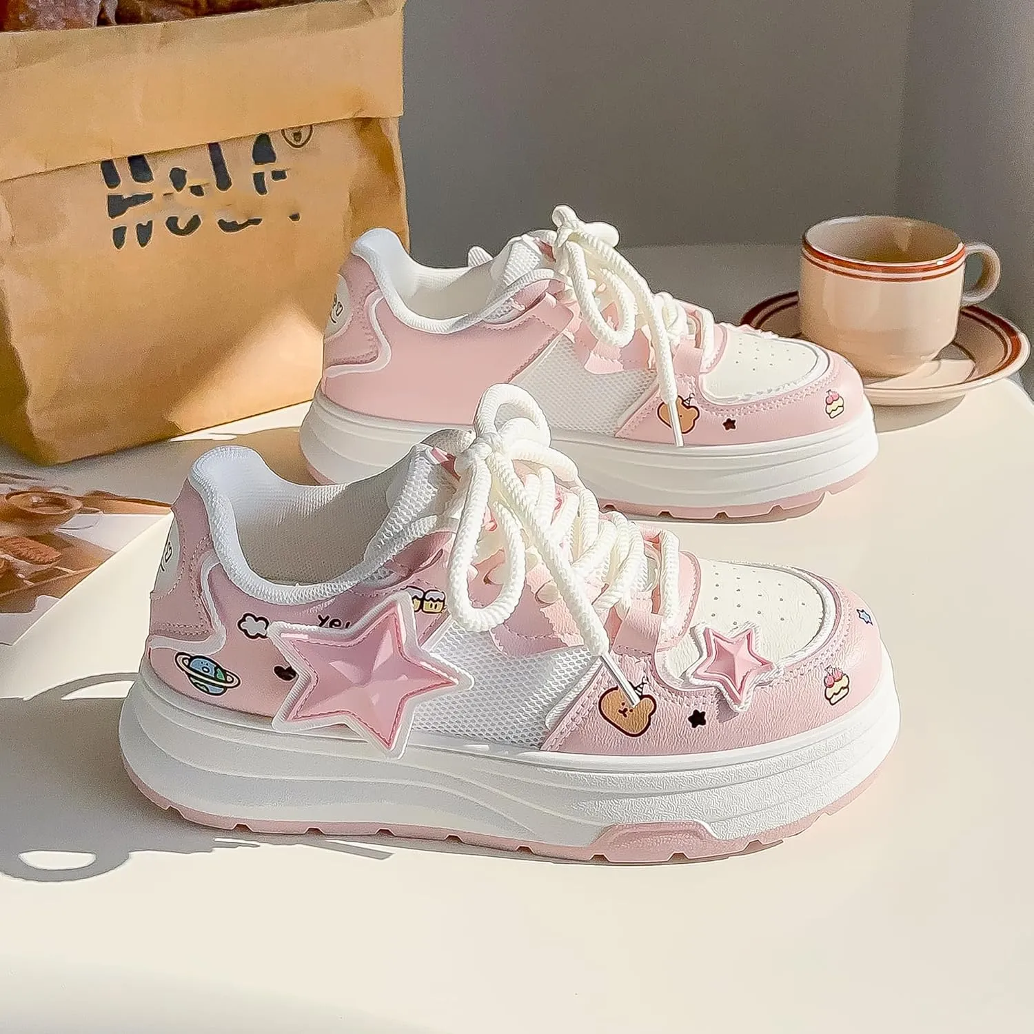 Women's Fashion Platform Sneakers Y2K Star Shoes Breathable Mesh Pink Sneakers Cute Walking Shoes