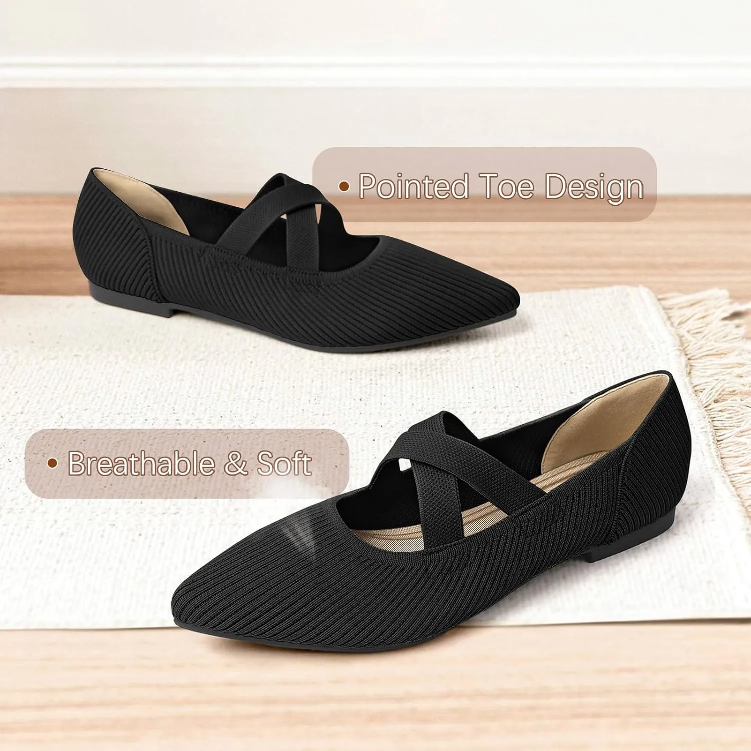 Women's Flats Shoes Pointed Toe Knit Washable Comfortable Dressy Mary Jane Ballet Flat with Strap