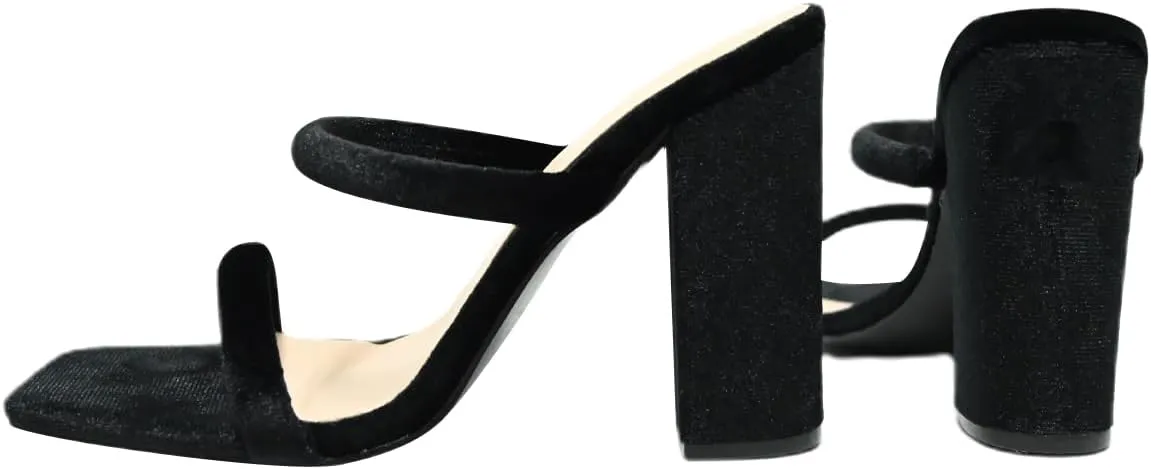 Women's Heeled Sandals Velvet Two Strap Chunky High Heels Square Open Toe Slip on Comfortable Heeled Sandals for Women Dressy