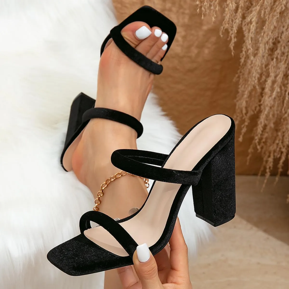 Women's Heeled Sandals Velvet Two Strap Chunky High Heels Square Open Toe Slip on Comfortable Heeled Sandals for Women Dressy