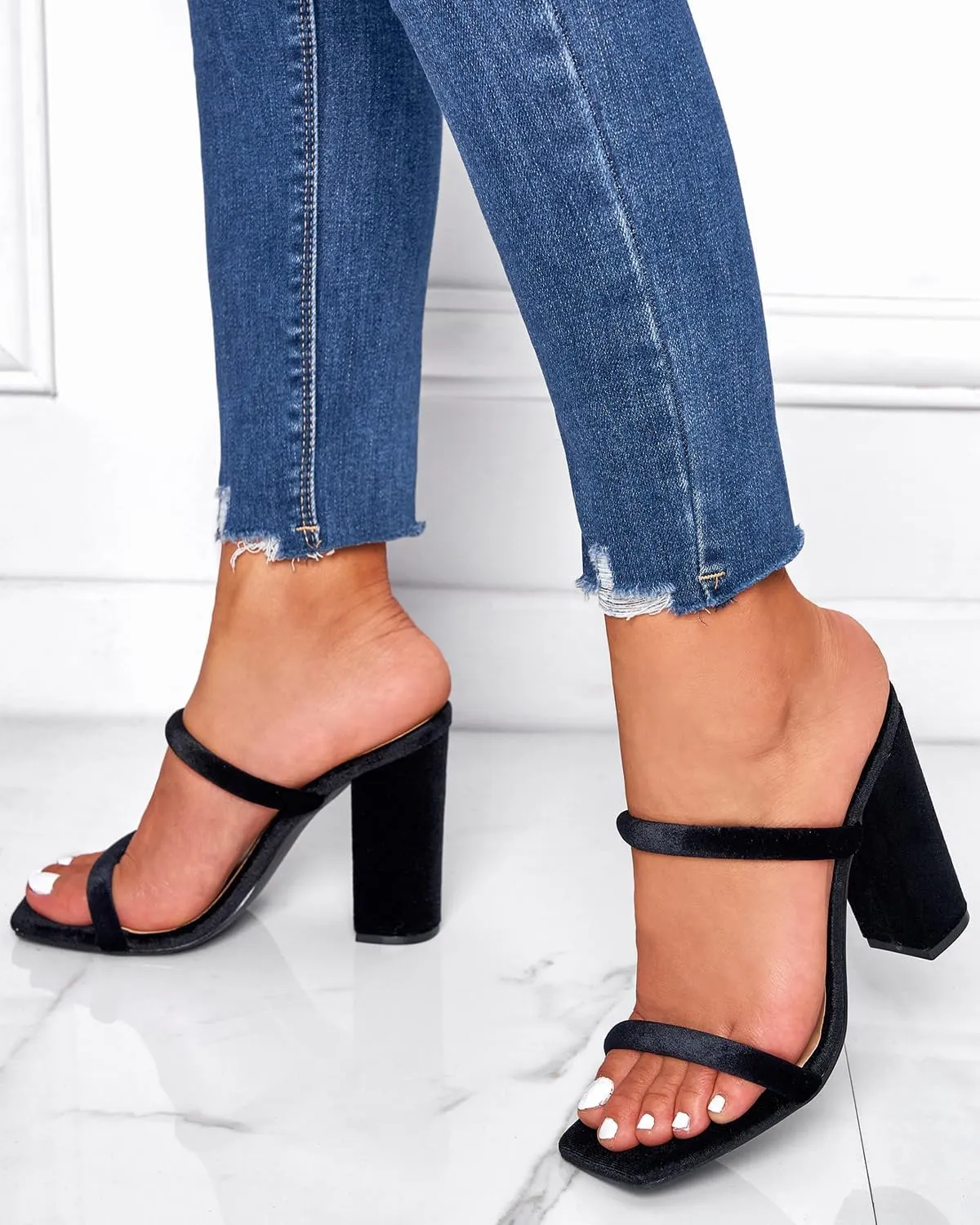 Women's Heeled Sandals Velvet Two Strap Chunky High Heels Square Open Toe Slip on Comfortable Heeled Sandals for Women Dressy