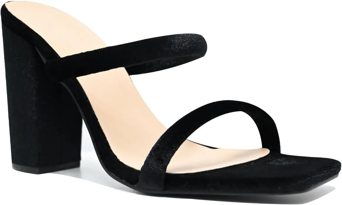 Women's Heeled Sandals Velvet Two Strap Chunky High Heels Square Open Toe Slip on Comfortable Heeled Sandals for Women Dressy