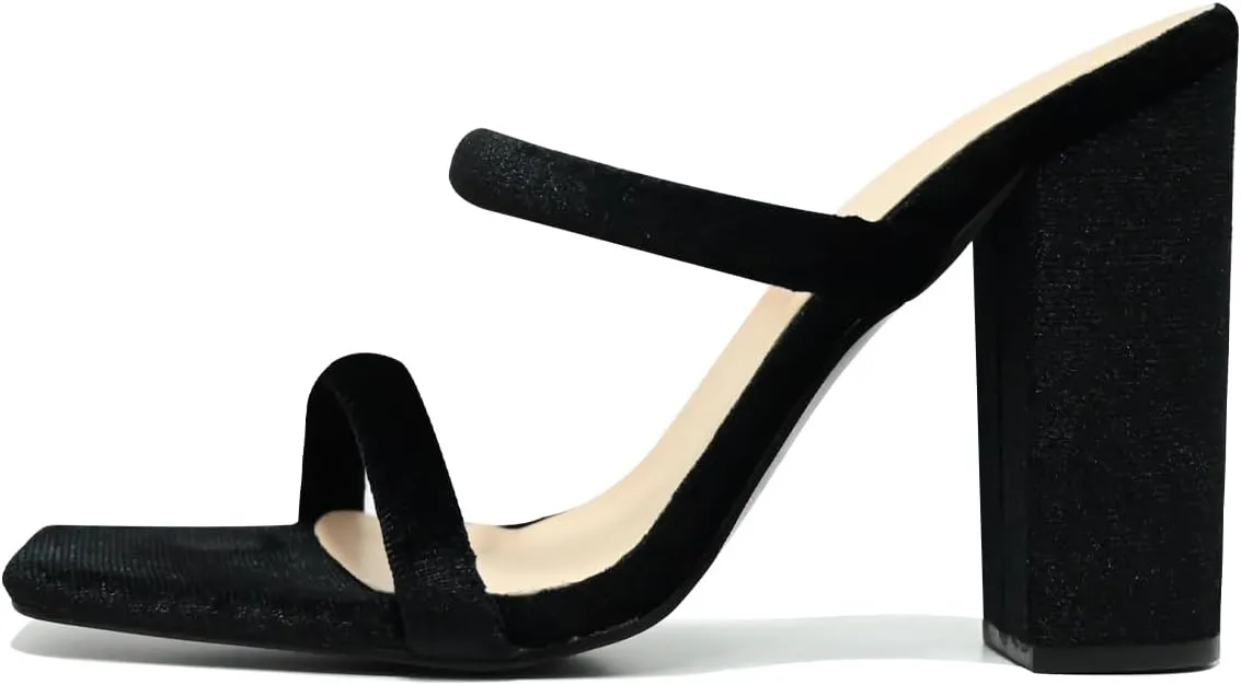 Women's Heeled Sandals Velvet Two Strap Chunky High Heels Square Open Toe Slip on Comfortable Heeled Sandals for Women Dressy