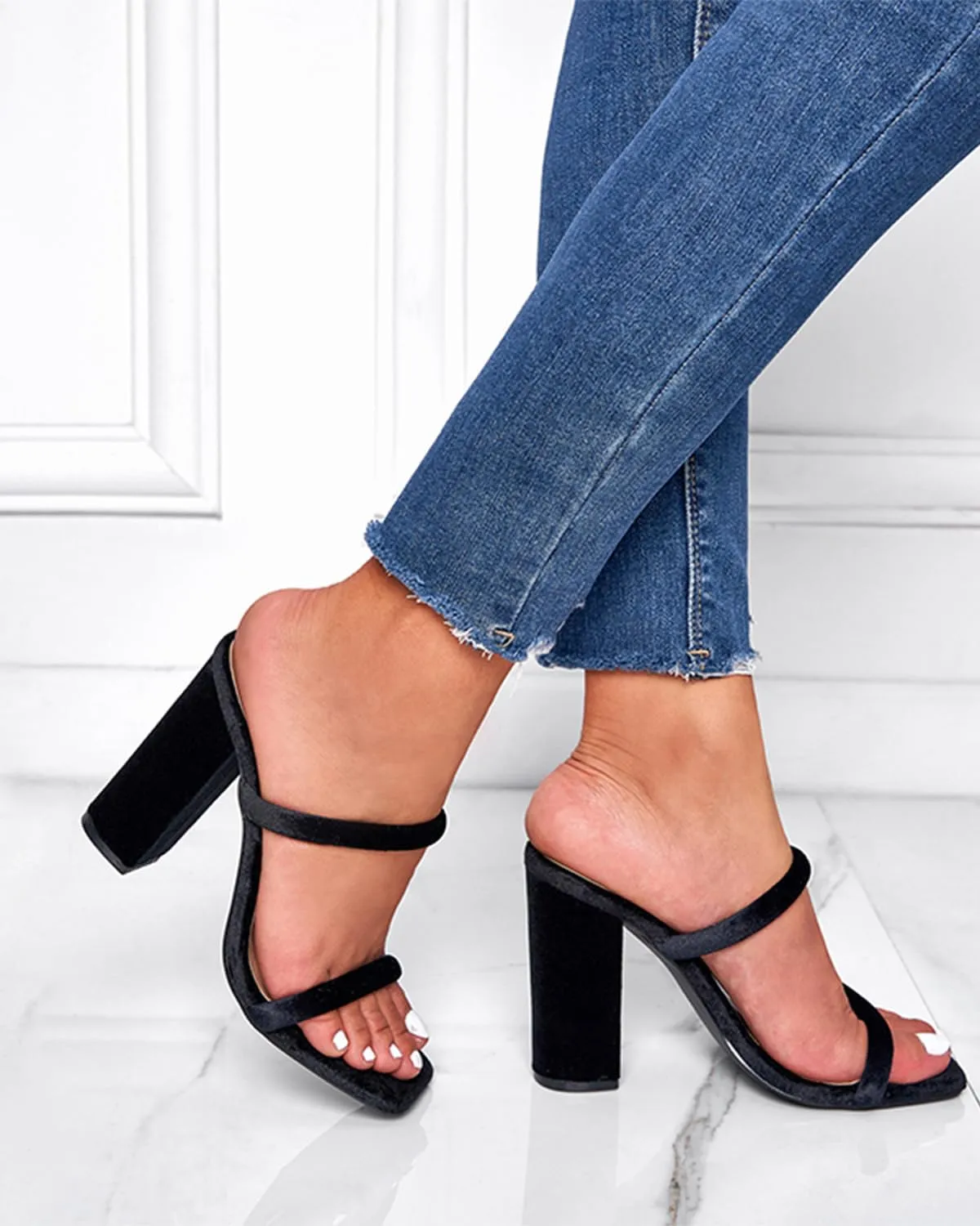 Women's Heeled Sandals Velvet Two Strap Chunky High Heels Square Open Toe Slip on Comfortable Heeled Sandals for Women Dressy