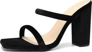 Women's Heeled Sandals Velvet Two Strap Chunky High Heels Square Open Toe Slip on Comfortable Heeled Sandals for Women Dressy