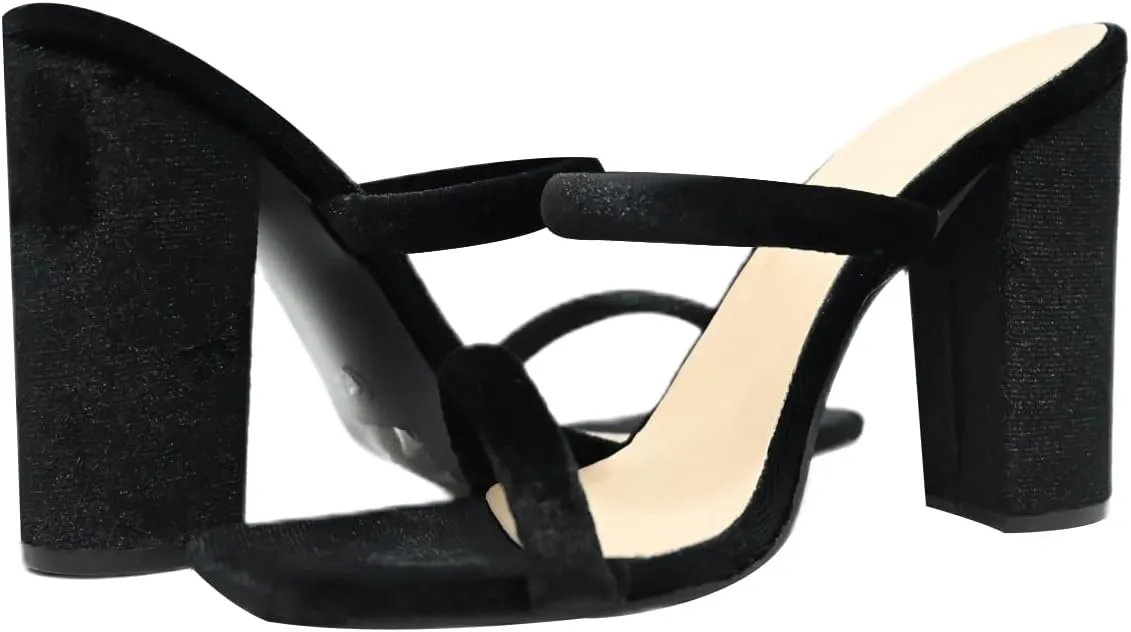 Women's Heeled Sandals Velvet Two Strap Chunky High Heels Square Open Toe Slip on Comfortable Heeled Sandals for Women Dressy