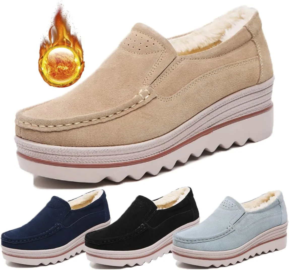 Women's Leather Platform Loafers Faux Suede Comfort Moccasins Comfortable Thick Soled Breathable Loafers，Wide Low Top Shoes Business Casual Walking Shoes