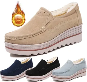 Women's Leather Platform Loafers Faux Suede Comfort Moccasins Comfortable Thick Soled Breathable Loafers，Wide Low Top Shoes Business Casual Walking Shoes