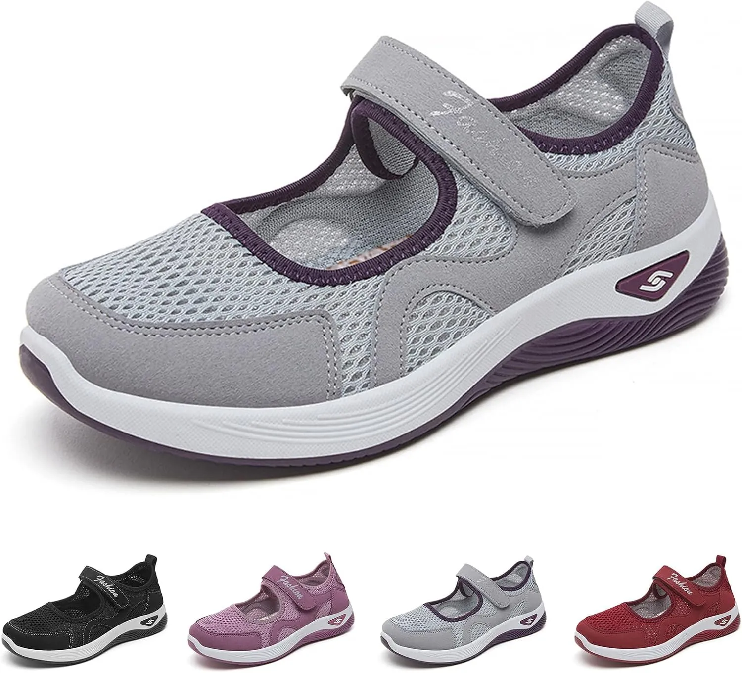 Womens Mesh Walking Shoes Working Nurse Shoes Non-Slip Adjustable Breathable Mesh Mary Janes Sneaker Lightweight Diabetes Heel Pain Plantar Fasciitis Shoe