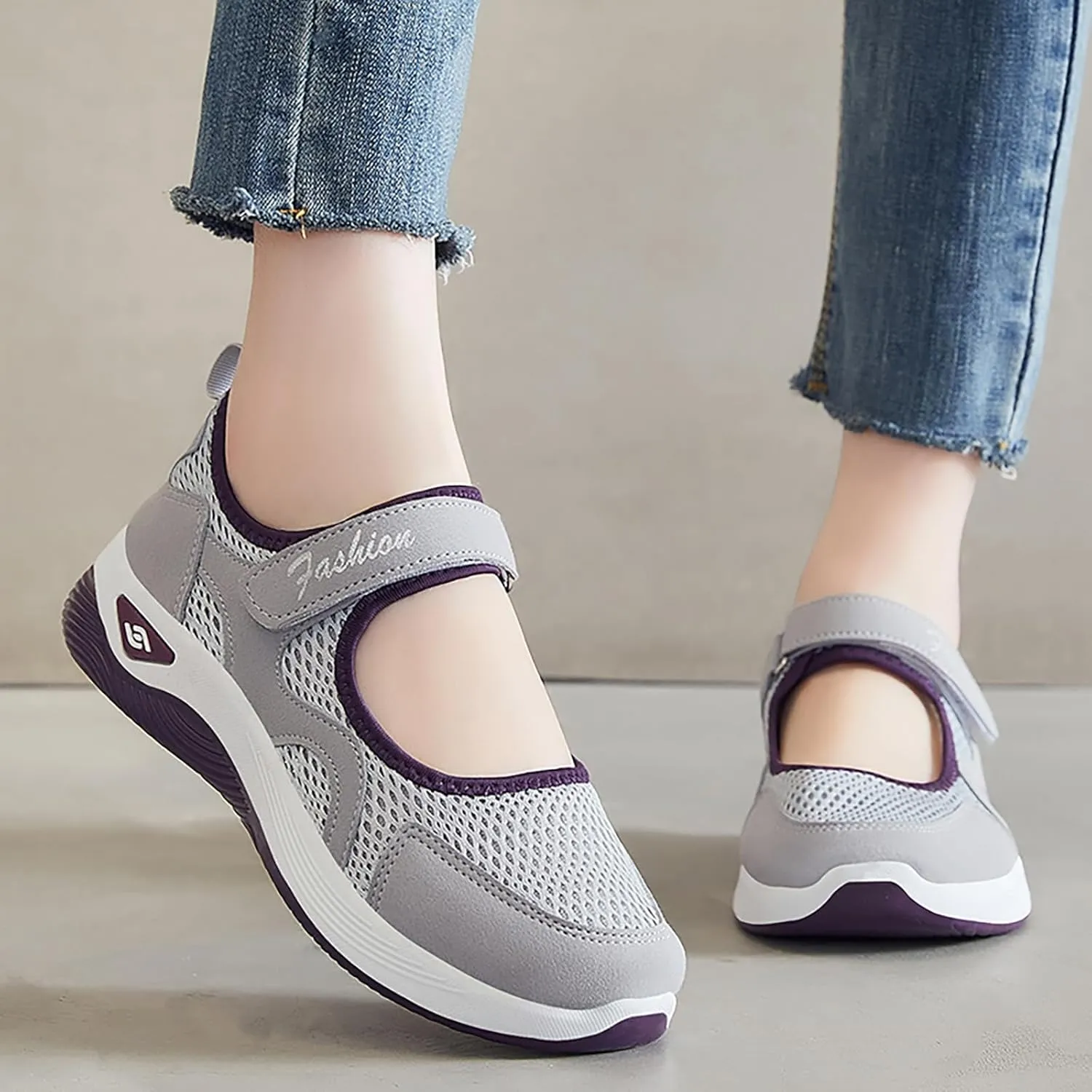 Womens Mesh Walking Shoes Working Nurse Shoes Non-Slip Adjustable Breathable Mesh Mary Janes Sneaker Lightweight Diabetes Heel Pain Plantar Fasciitis Shoe