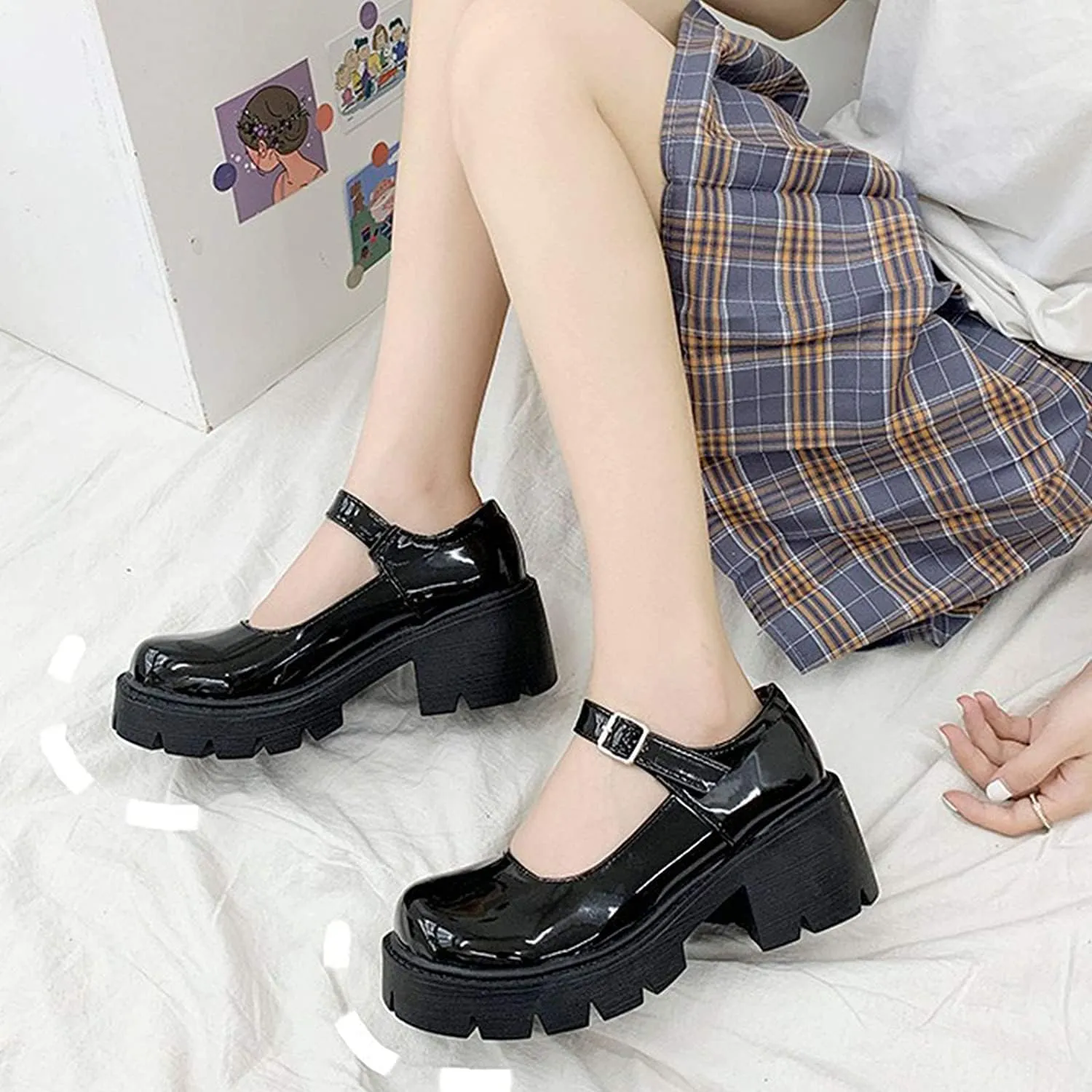 Women's Platform Mary Janes Chunky Heel Ankle Strap Uniform Dress Shoes Heeled Gothic Lolita Oxfords
