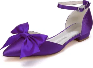 Women's Pointed Toe Flats Ankle Strap Ballet Flats with Bow Flat Bridal Shoes Evening Dress Pumps