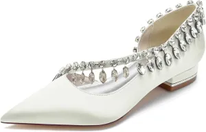 Women's Pointed Toe Satin Wedding Flats for Bride Slip-on Rhinestones Ballet Flats Prom Evening Party Dress Sandals