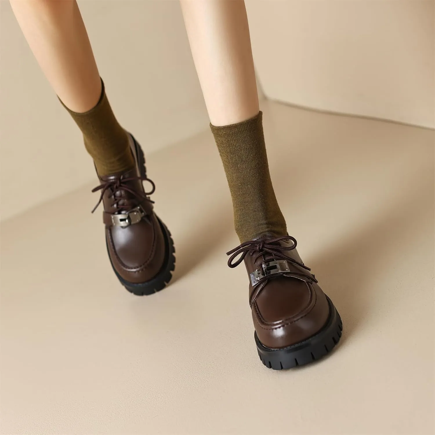 Women's Retro Platform Hook & Loop Round Closed Toe Pump Loafers Lace Up Chunky Mid Heel Metallic Office Work Casual Fashion Business Dress Shoes All Weather Daily Wear Flats