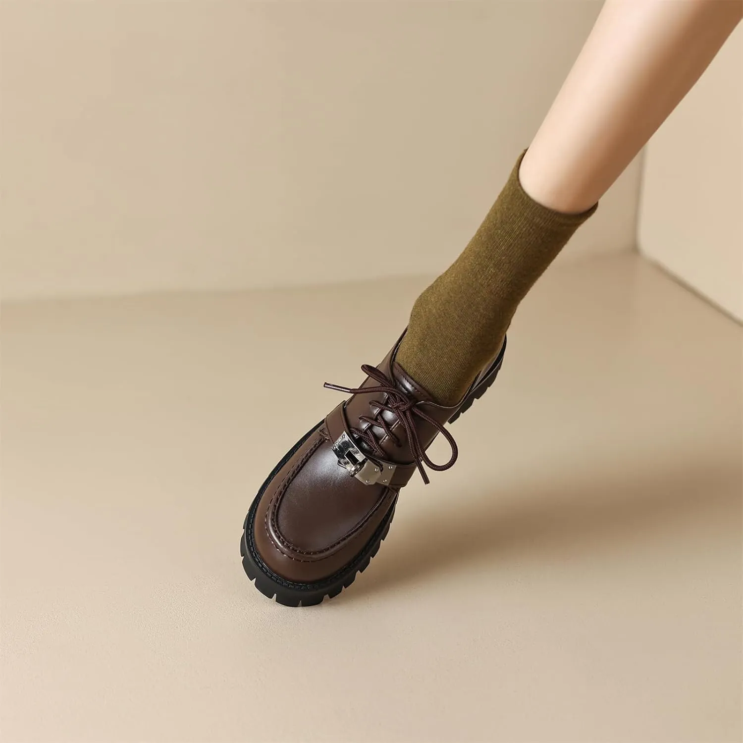 Women's Retro Platform Hook & Loop Round Closed Toe Pump Loafers Lace Up Chunky Mid Heel Metallic Office Work Casual Fashion Business Dress Shoes All Weather Daily Wear Flats