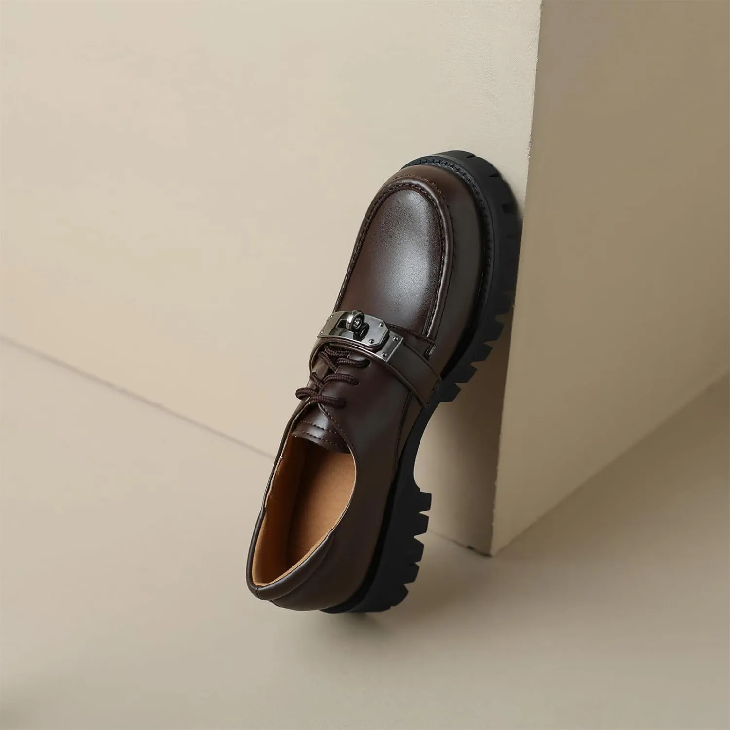 Women's Retro Platform Hook & Loop Round Closed Toe Pump Loafers Lace Up Chunky Mid Heel Metallic Office Work Casual Fashion Business Dress Shoes All Weather Daily Wear Flats