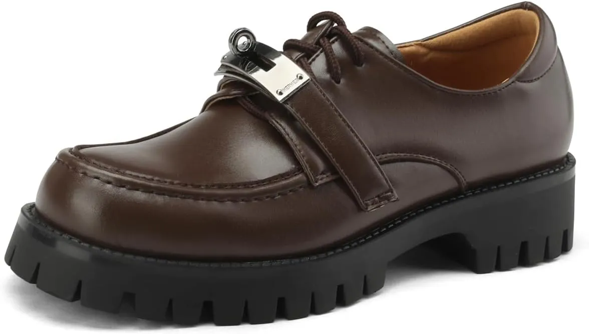 Women's Retro Platform Hook & Loop Round Closed Toe Pump Loafers Lace Up Chunky Mid Heel Metallic Office Work Casual Fashion Business Dress Shoes All Weather Daily Wear Flats