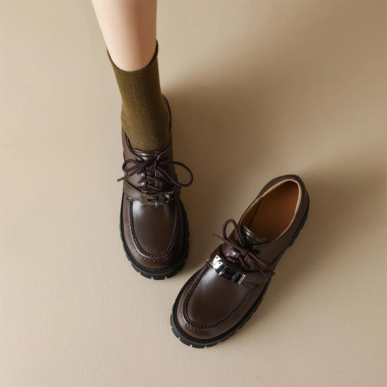 Women's Retro Platform Hook & Loop Round Closed Toe Pump Loafers Lace Up Chunky Mid Heel Metallic Office Work Casual Fashion Business Dress Shoes All Weather Daily Wear Flats