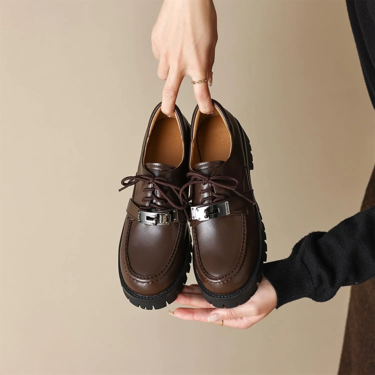 Women's Retro Platform Hook & Loop Round Closed Toe Pump Loafers Lace Up Chunky Mid Heel Metallic Office Work Casual Fashion Business Dress Shoes All Weather Daily Wear Flats