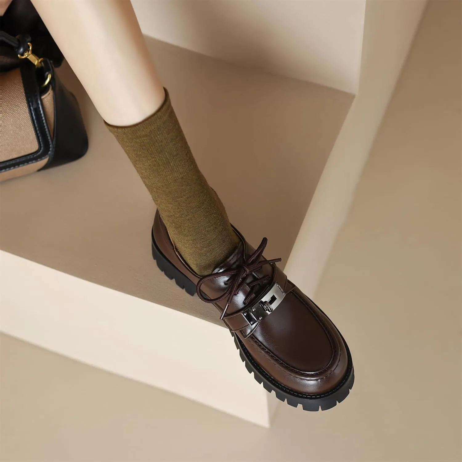 Women's Retro Platform Hook & Loop Round Closed Toe Pump Loafers Lace Up Chunky Mid Heel Metallic Office Work Casual Fashion Business Dress Shoes All Weather Daily Wear Flats