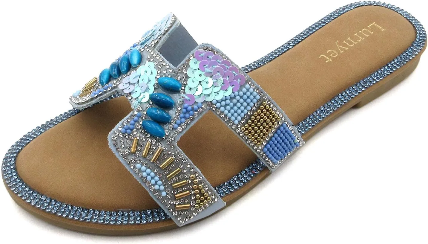 Women's Rhinestone Embellished Comfort Cushion Slide Flat Sandals with Sequin and Crystal Beaded: Stylish Design, Non-Slip Rubber Sole, Latex Insole for Comfort, Perfect for Parties, Gatherings, Casual Wear, Vacations, and Beach Days