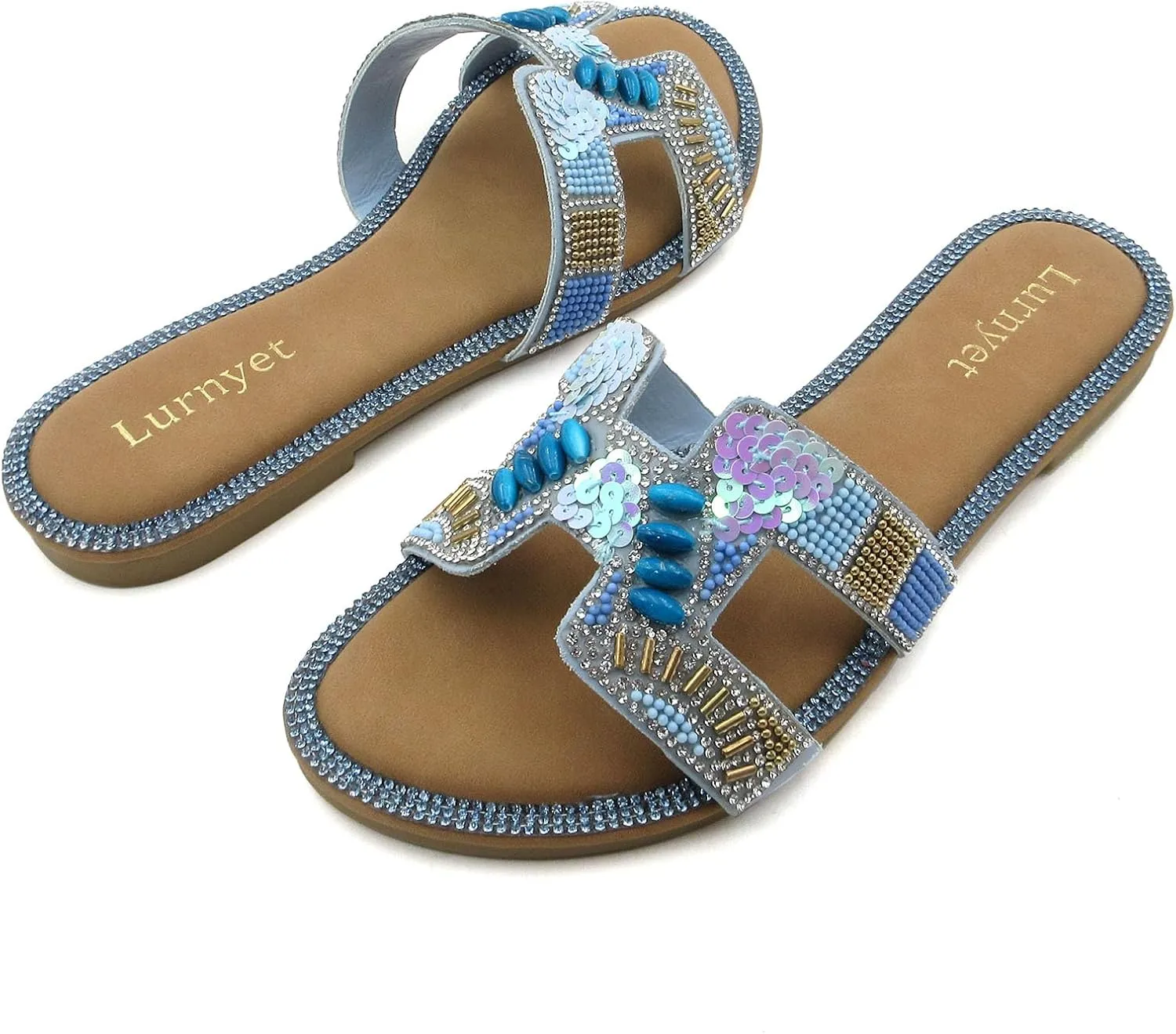 Women's Rhinestone Embellished Comfort Cushion Slide Flat Sandals with Sequin and Crystal Beaded: Stylish Design, Non-Slip Rubber Sole, Latex Insole for Comfort, Perfect for Parties, Gatherings, Casual Wear, Vacations, and Beach Days