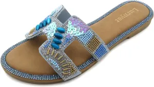 Women's Rhinestone Embellished Comfort Cushion Slide Flat Sandals with Sequin and Crystal Beaded: Stylish Design, Non-Slip Rubber Sole, Latex Insole for Comfort, Perfect for Parties, Gatherings, Casual Wear, Vacations, and Beach Days