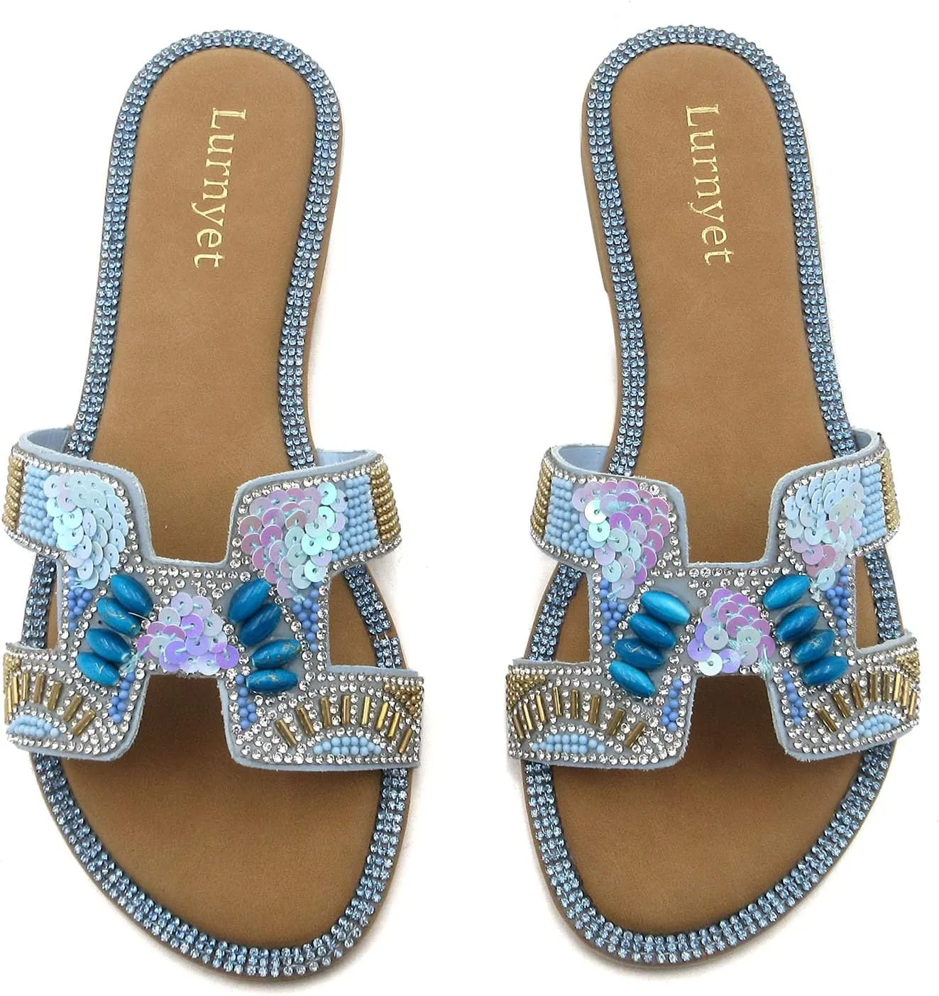 Women's Rhinestone Embellished Comfort Cushion Slide Flat Sandals with Sequin and Crystal Beaded: Stylish Design, Non-Slip Rubber Sole, Latex Insole for Comfort, Perfect for Parties, Gatherings, Casual Wear, Vacations, and Beach Days