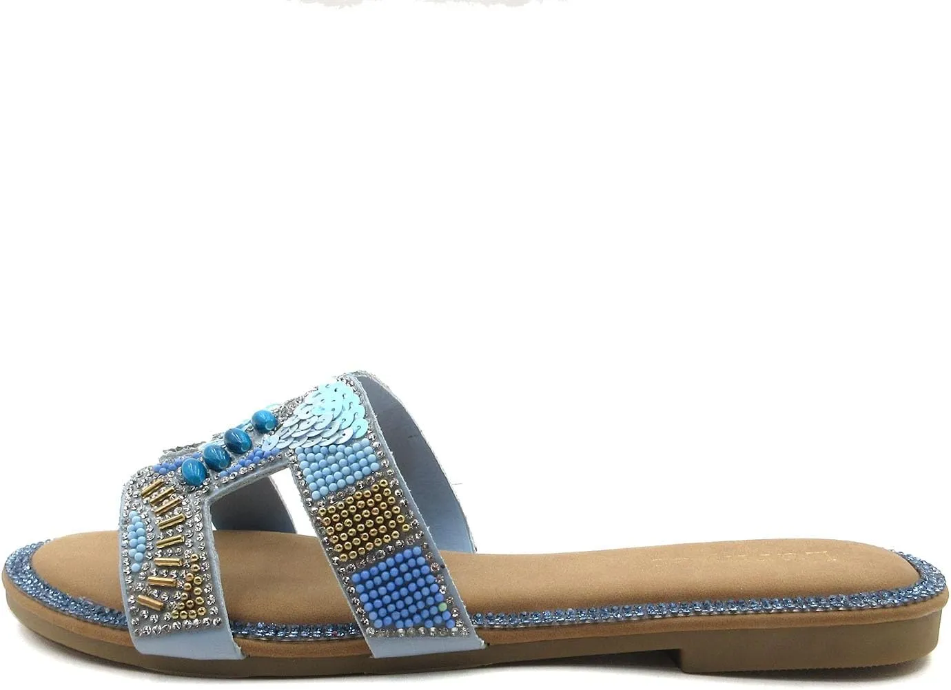 Women's Rhinestone Embellished Comfort Cushion Slide Flat Sandals with Sequin and Crystal Beaded: Stylish Design, Non-Slip Rubber Sole, Latex Insole for Comfort, Perfect for Parties, Gatherings, Casual Wear, Vacations, and Beach Days