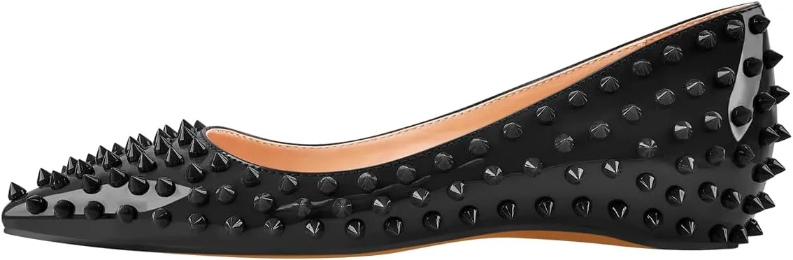 Women's Rivet Pointed Toe Slip on Flats Shoes,Fashion Studded Leather Comfortable Office Black Size9